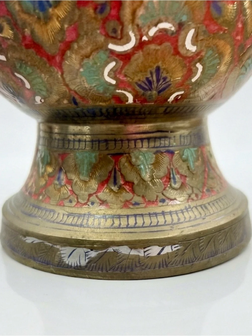 Vintage Chinese Cloisonné Brass Vase 11.5” Red Floral Enamel Asian Decor